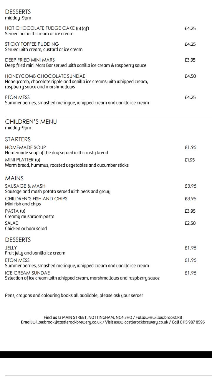 Menu at The Willowbrook pub & bar, Nottingham