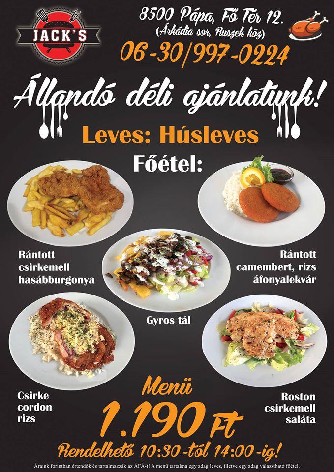 Menu at Jack's Kitchen restaurant, Pápa