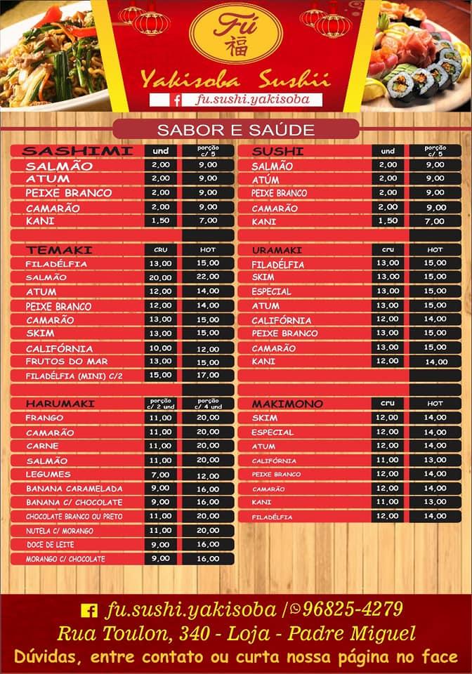Fú Sushi e Yakisoba cardápio