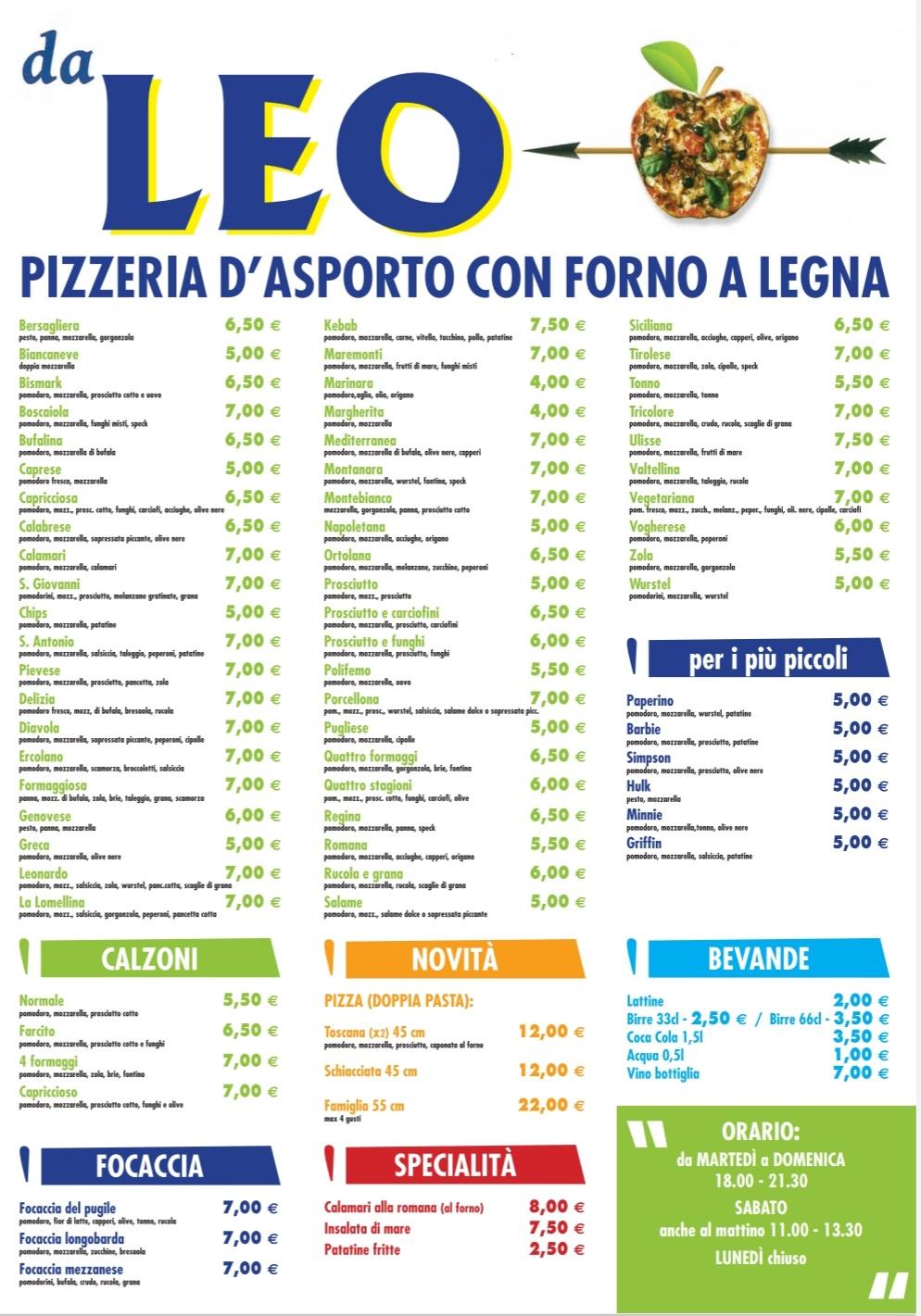 Menu at Pizzeria da Leo, Zinasco Nuovo