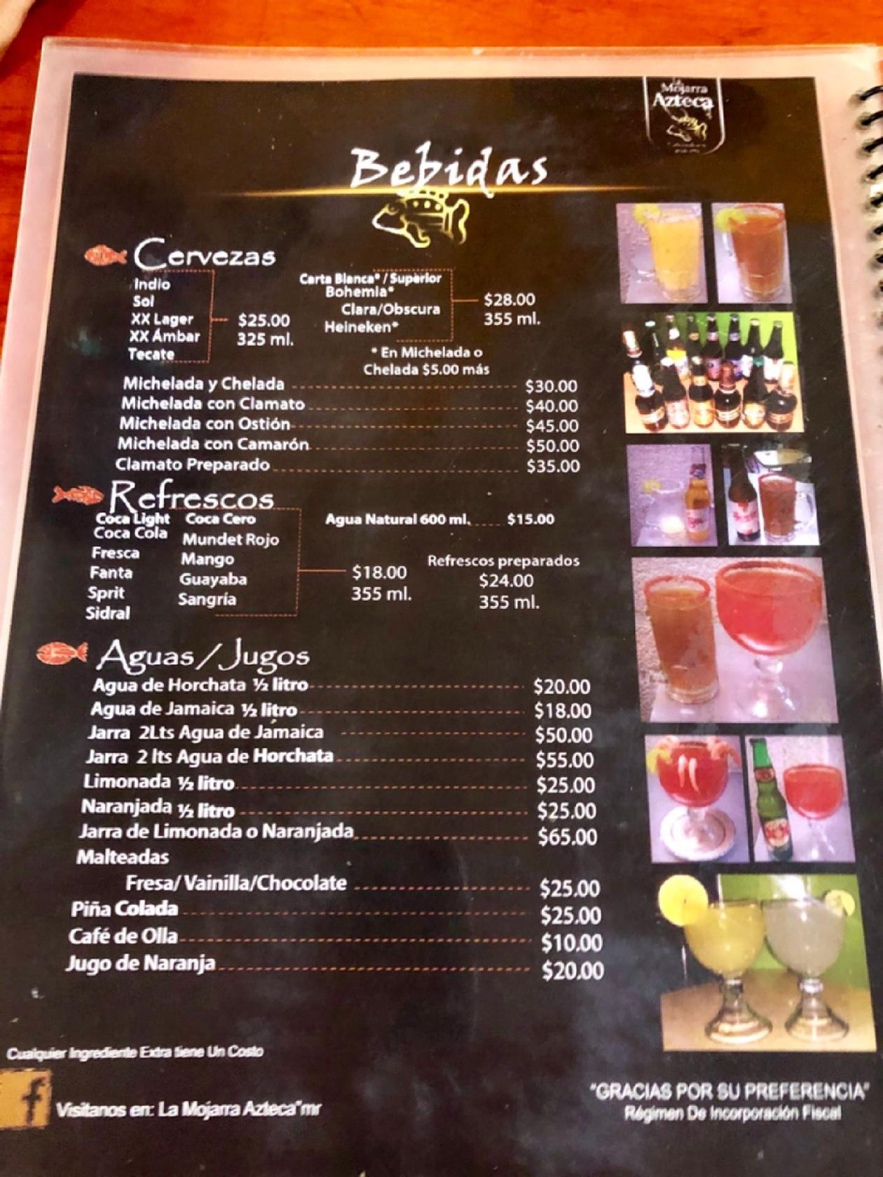 Menu at La Mojarra Azteca restaurant, Mexico City