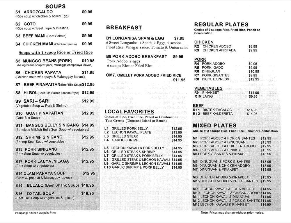 Menu at Pampanga Kitchen Waipahu Plaza restaurant, Waipahu
