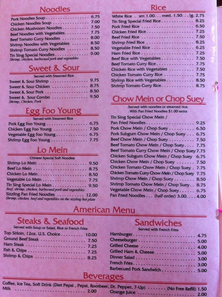 Menu at Tin Sing restaurant, Junction City