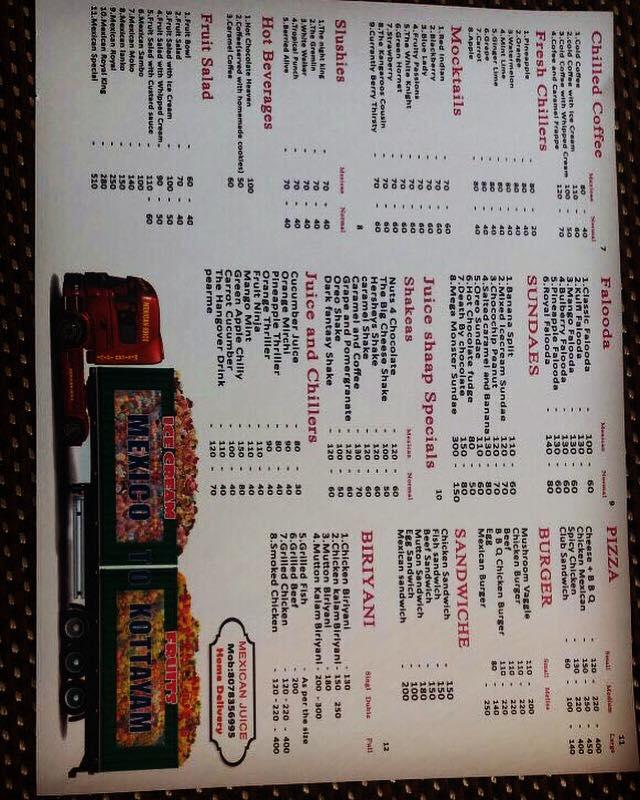Menu at Mexican Juice Store, Kottayam