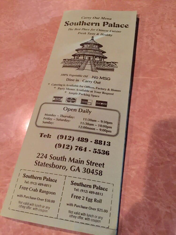 Menu at Southern Palace Chinese Restaurant, Statesboro, 224 S Main St