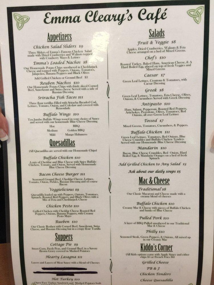 Menu at Emma Cleary's Cafe, Slingerlands