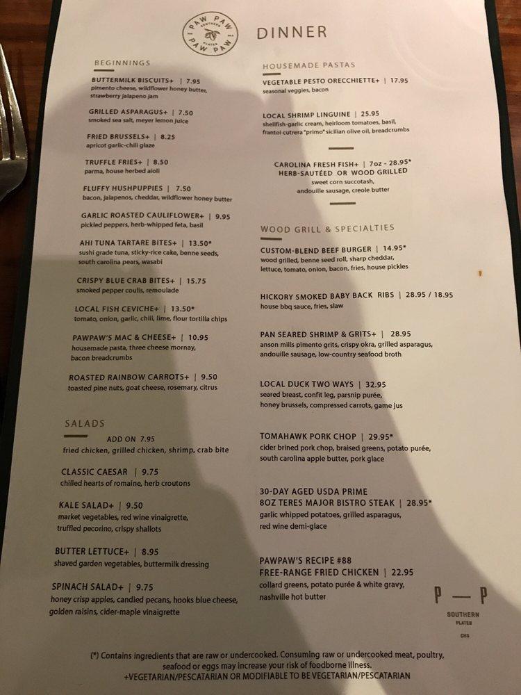 Menu at Pawpaw pub & bar, Charleston, 209 E Bay St