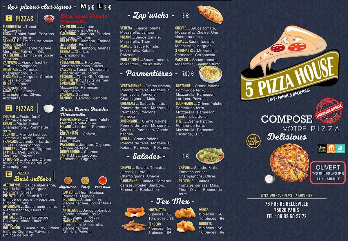 Menu at 5 PIZZA HOUSE restaurant, Paris