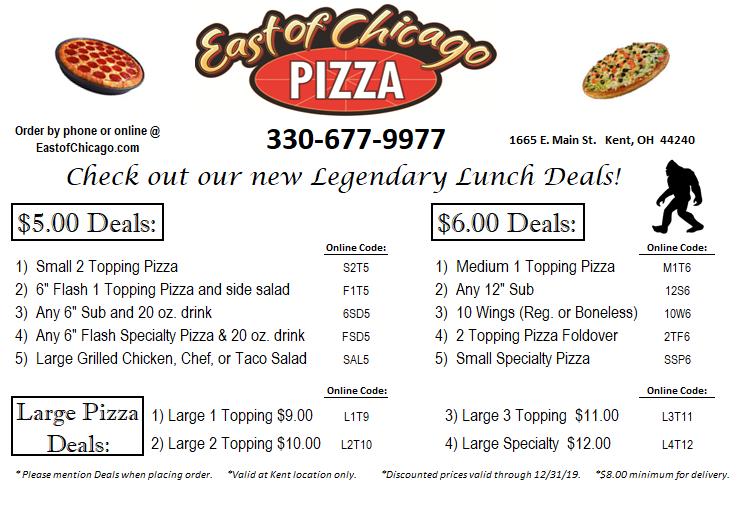 Menu at East Of Chicago Pizza pizzeria, Kent