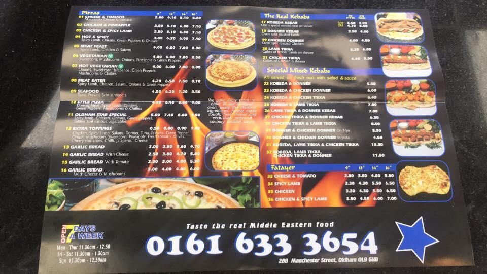 Menu at Oldham Star pizzeria, Oldham
