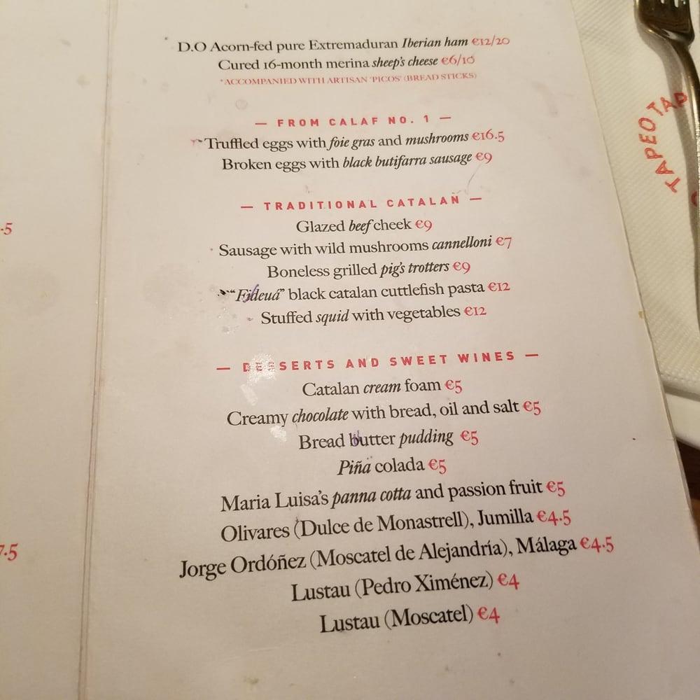 Menu at Tapeo pub & bar, Barcelona