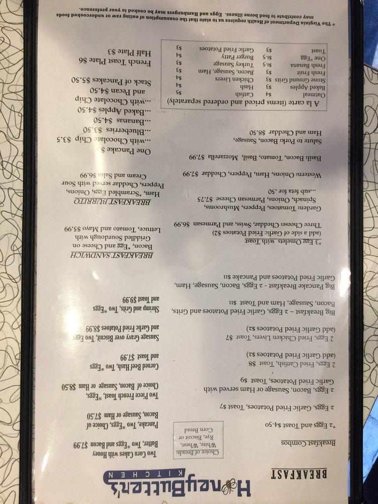 Menu at Honey Butter's Kitchen Monticello Ave restaurant, Williamsburg