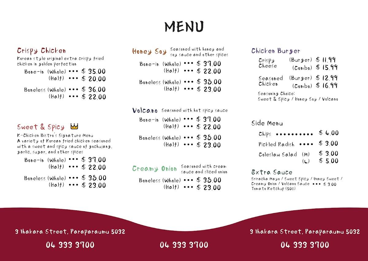 Menu at (KCB) KChicken Bistro Paraparaumu restaurant, Paraparaumu