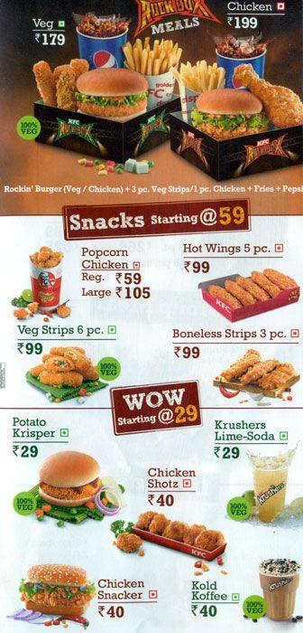 Menu at KFC ABIDS, India