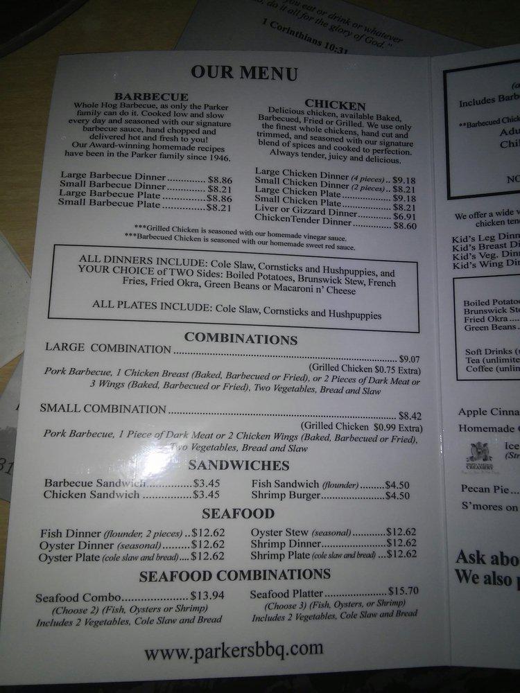Menu at Parker's Barbecue Restaurant, Greenville, S Memorial Dr