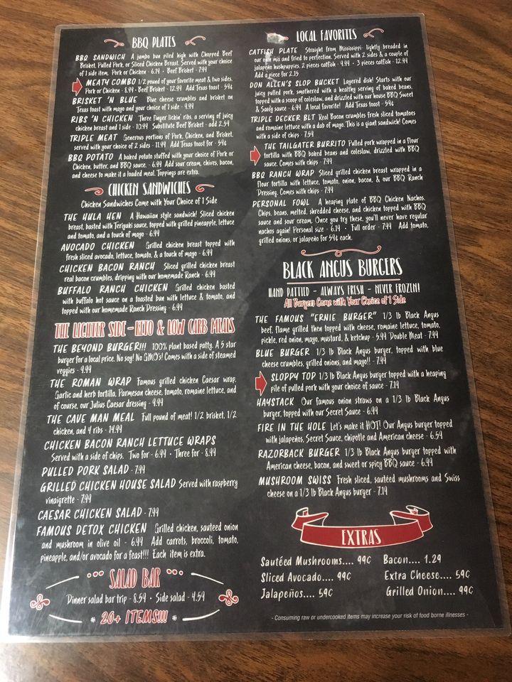 Menu at Razorback Ribs restaurant, Harrison