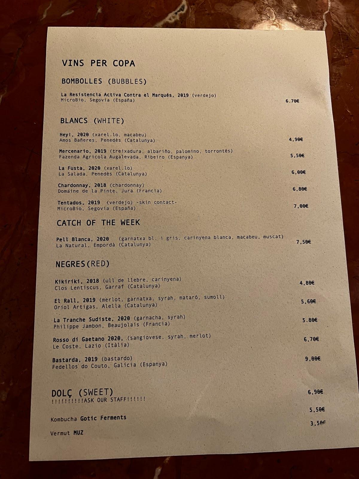 Menu at Can Cisa/Bar Brutal, Barcelona, Carrer de la Princesa