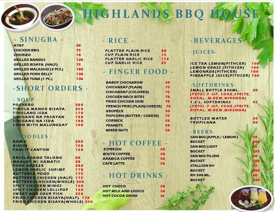 Menu at Highlands Barbeque, Ormoc