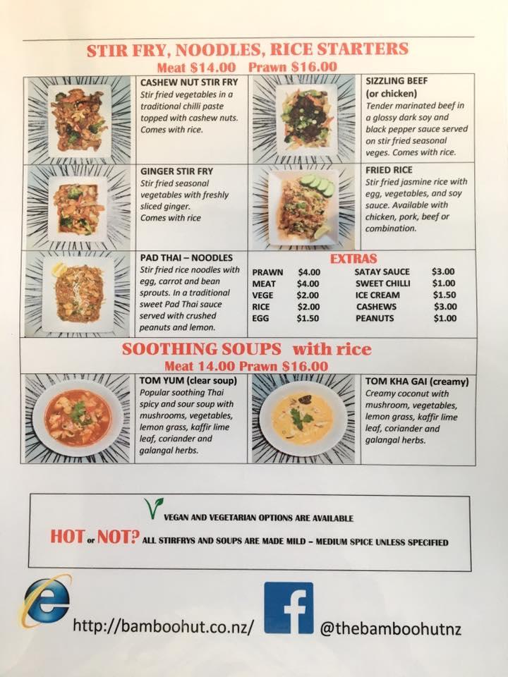 Menu at The Bamboo Hut restaurant, Kerikeri
