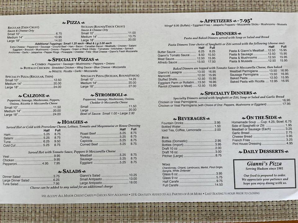 Menu at Gianni's Pizza - Hudson, FL (no other locations) pizzeria, Hudson