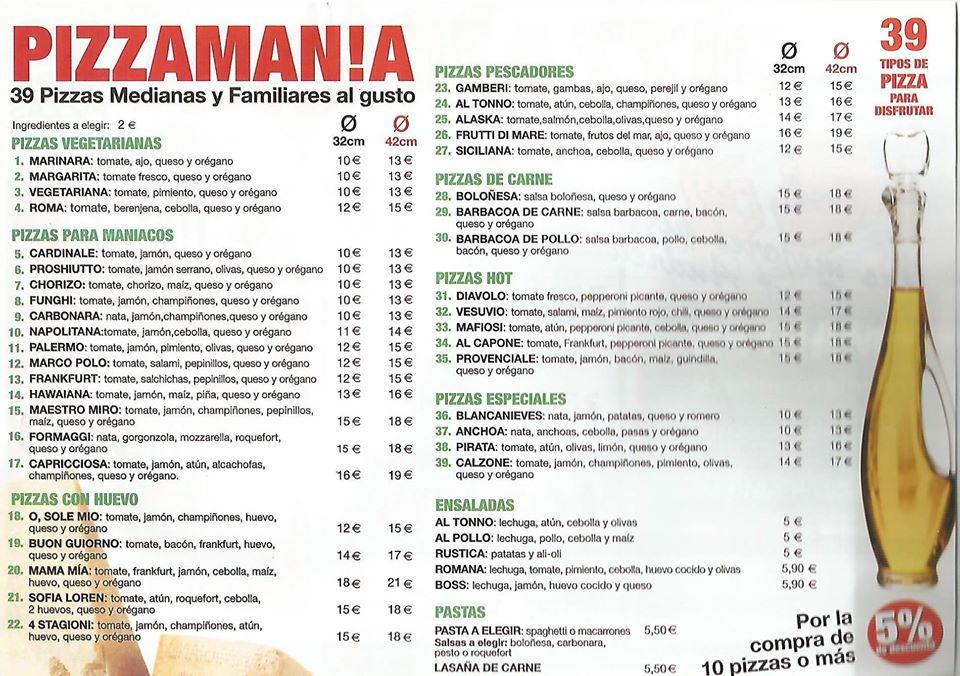Menu at Pizzamania restaurant, Barcelona, Carrer de Pere Terré i Domènech
