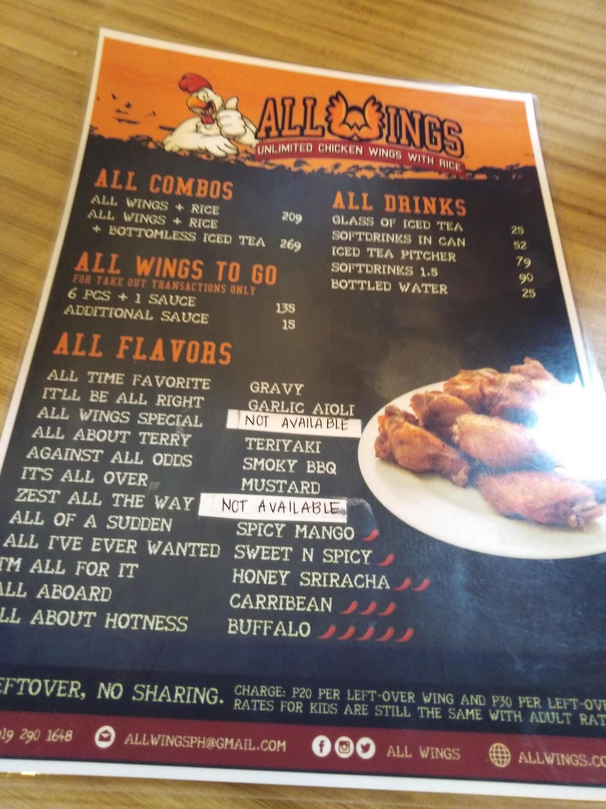 Menu at All Wings restaurant, Parañaque