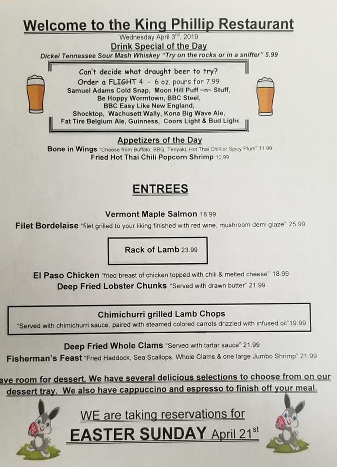 Menu at King Phillip Restaurant and Motel, Phillipston