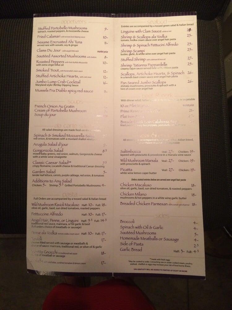 Menu at Macaluso's restaurant, Nesquehoning