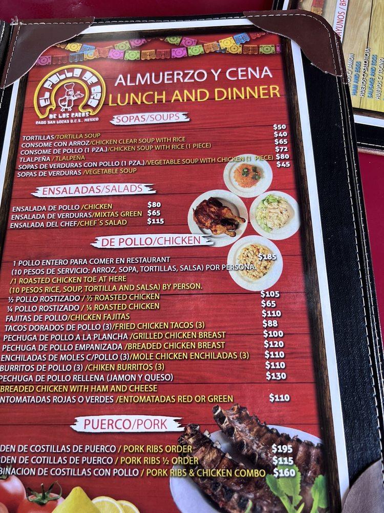 Menu at El Pollo de Oro restaurant, Cabo San Lucas