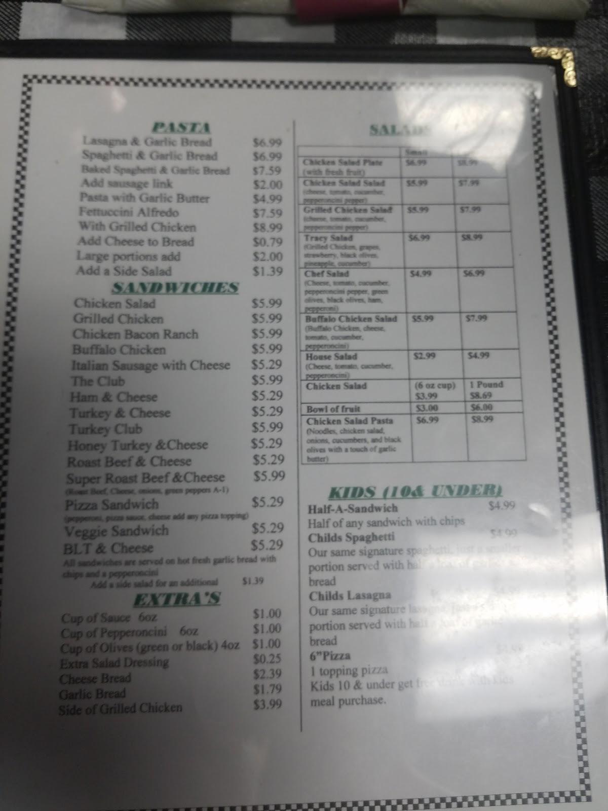 Menu at Grumpy's Pizza pizzeria, Arab