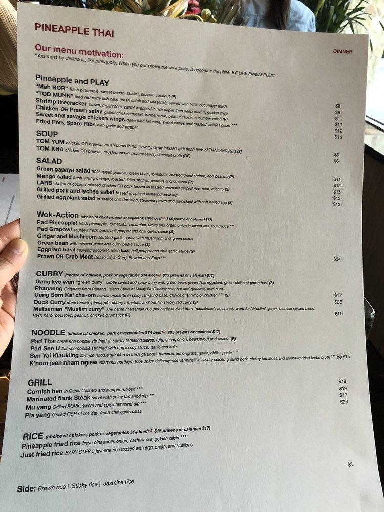 Menu at Pineapple Thai restaurant, Cupertino