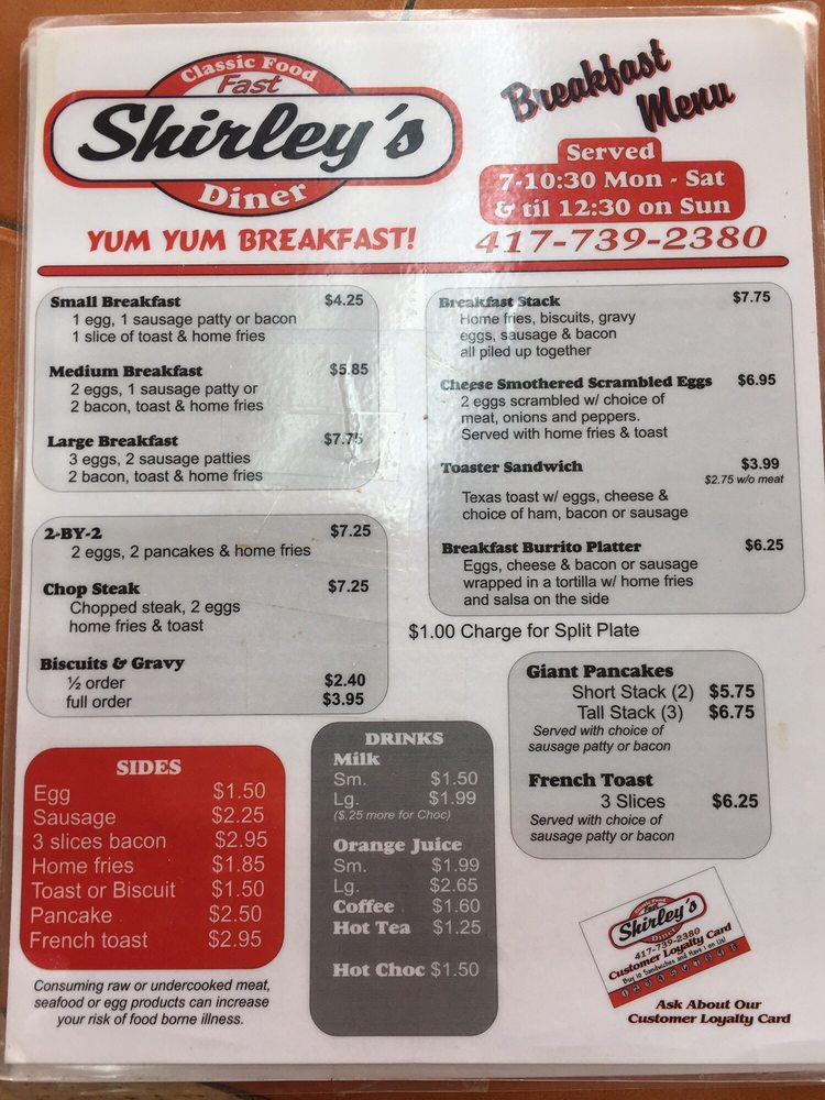 Carta del restaurante Shirley's Diner, Kimberling City