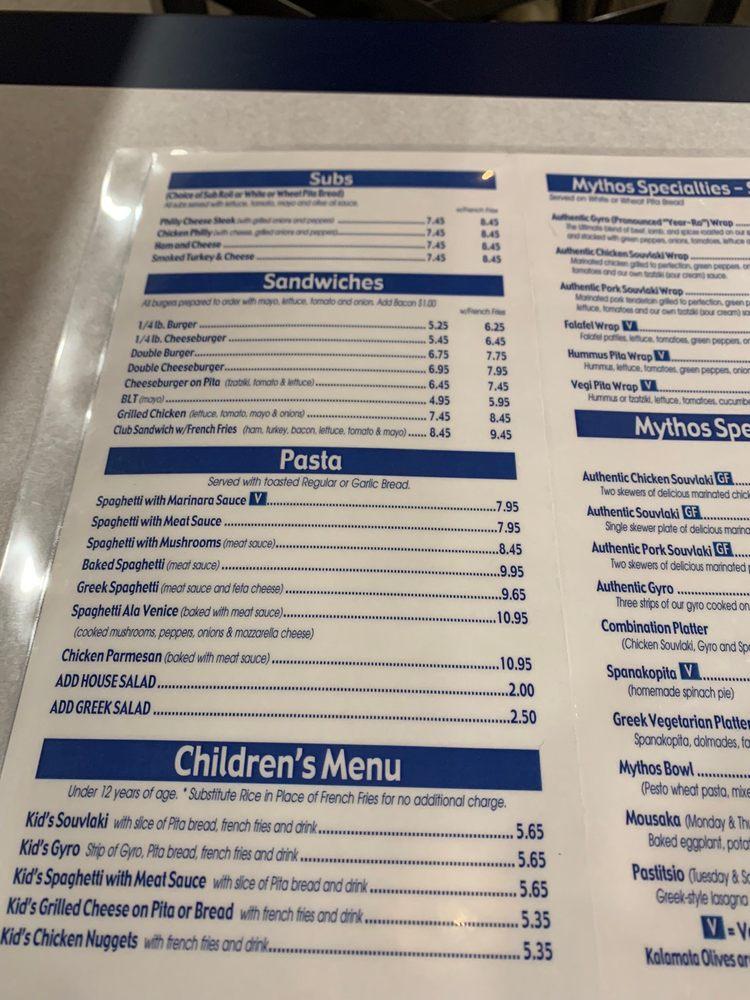 Menu at Mythos Grill restaurant, Greensboro, Battleground Ave