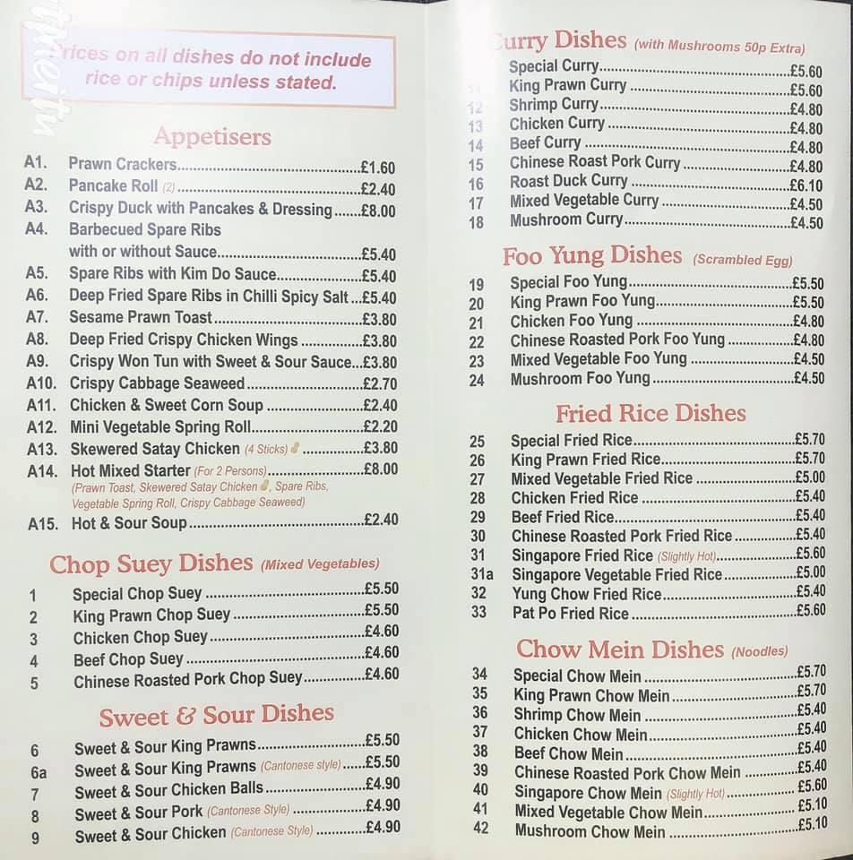 Menu at Golden Dragon fast food, Barrow upon Humber