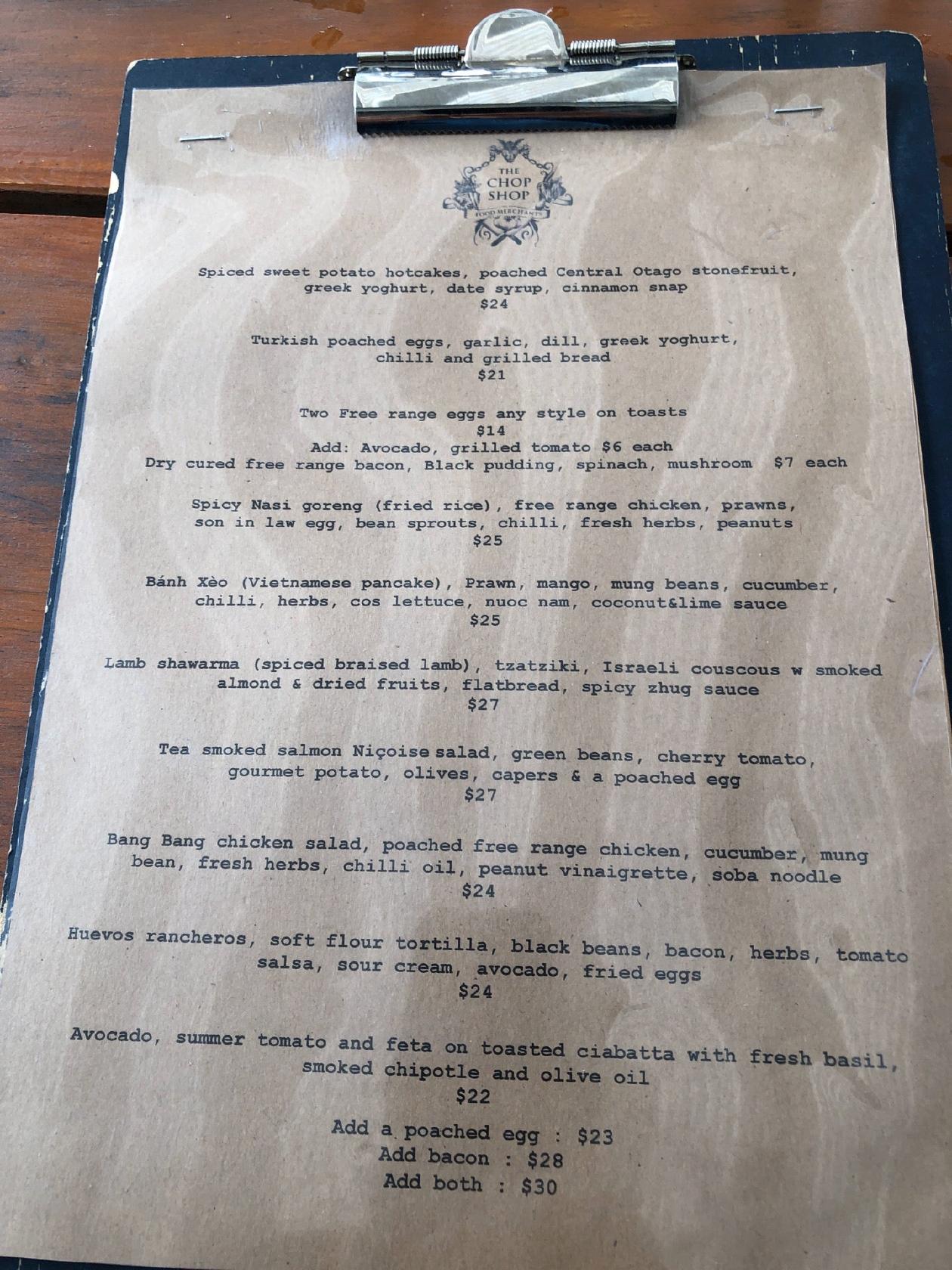 Menu at The Chop Shop Food Merchants cafe, Arrowtown