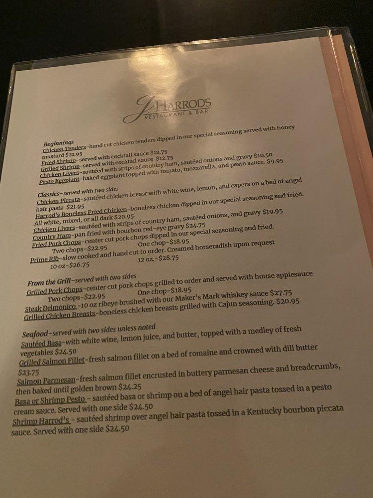 Menu at J Harrod's Restaurant, Prospect