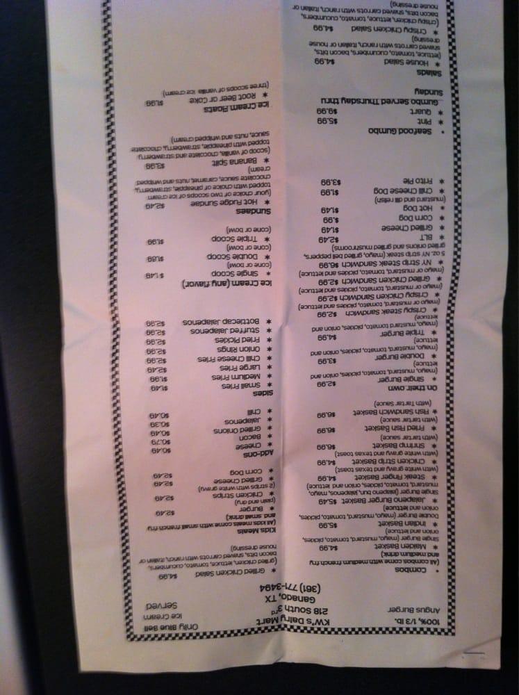 Menu at KW's Dairy Mart restaurant, Ganado