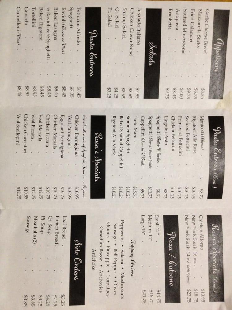 Menu at Rosa's Italian Restaurant, Visalia