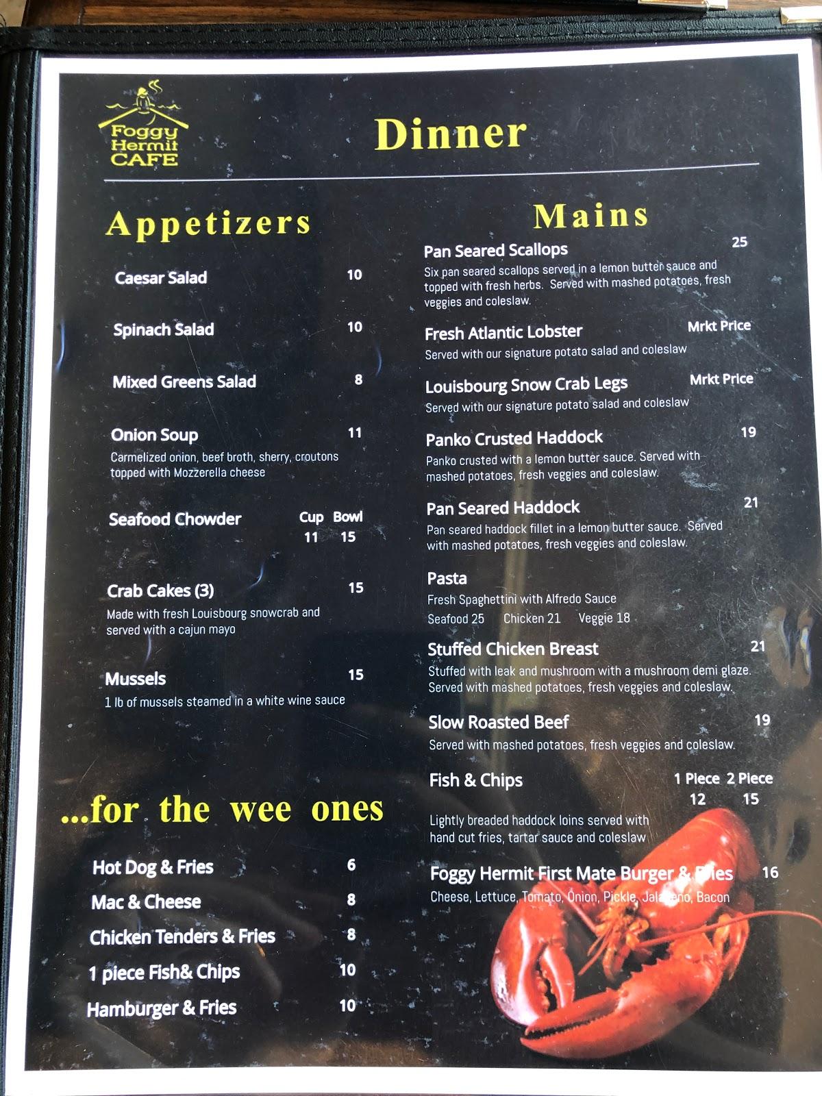 Menu at Foggy Hermit Cafe, Louisbourg