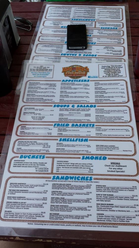 Menu at Mad Beach Fish House pub & bar, Madeira Beach