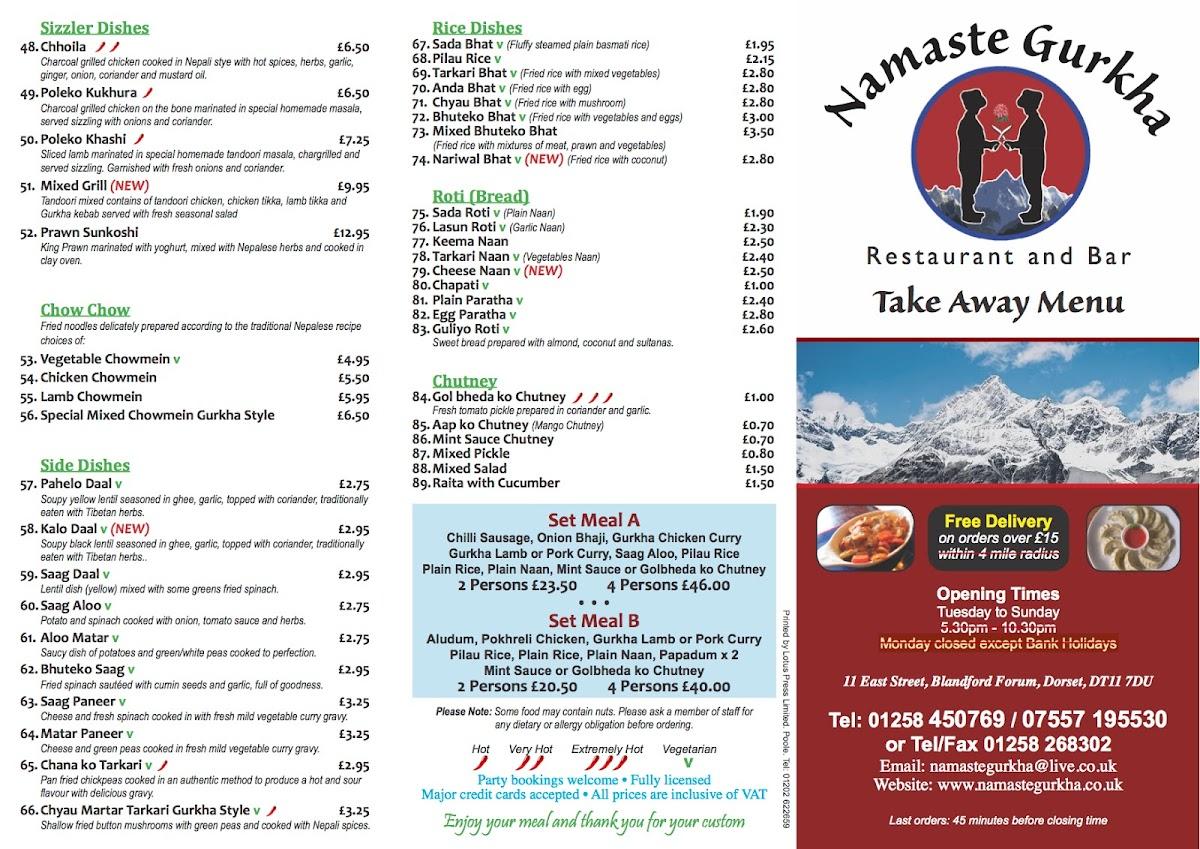 Menu at Namaste Gurkha (Blandford Forum) restaurant, Blandford Forum