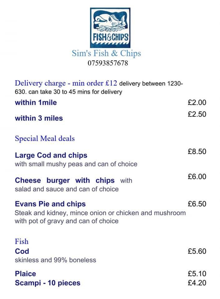 Menu at Sim's Fish & Chip Shop restaurant, Neath