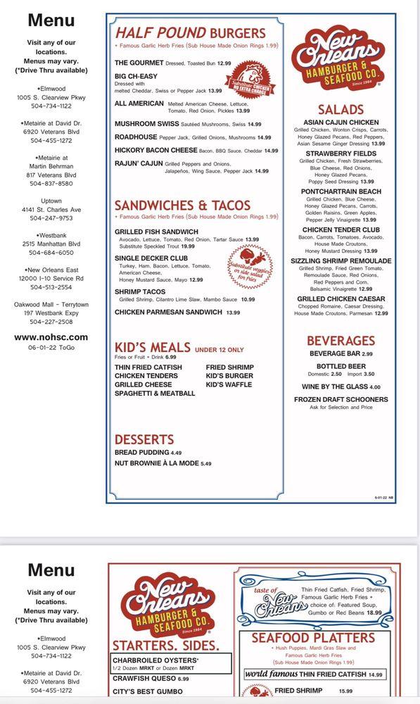 new orleans hamburger and seafood co metairie menu