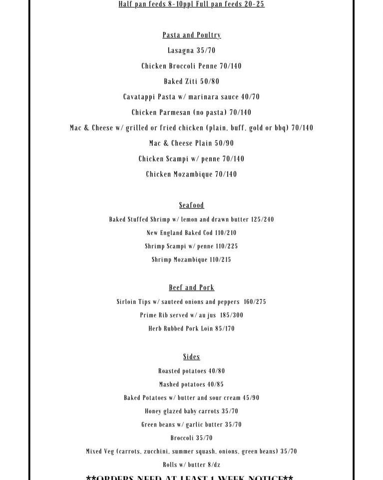 Menu at The Profile Tavern pizzeria, Freetown