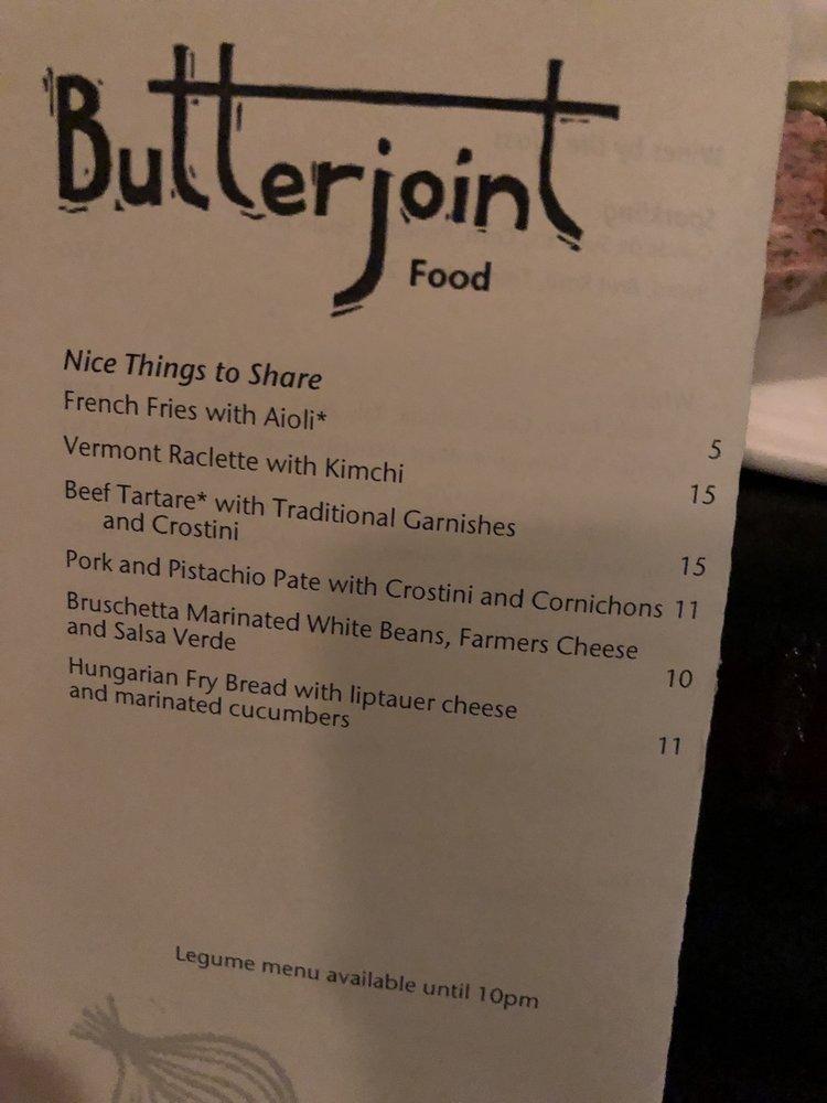 Menu at Butterjoint pub & bar, Pittsburgh