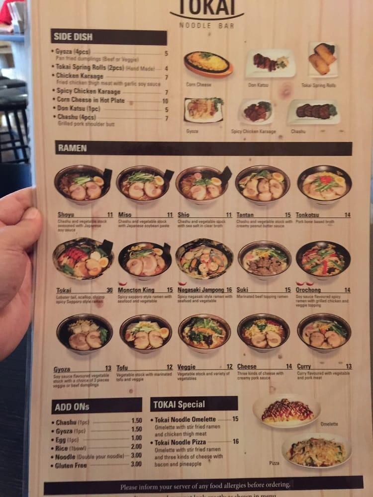 Menu at Tokai Ramen restaurant, Moncton