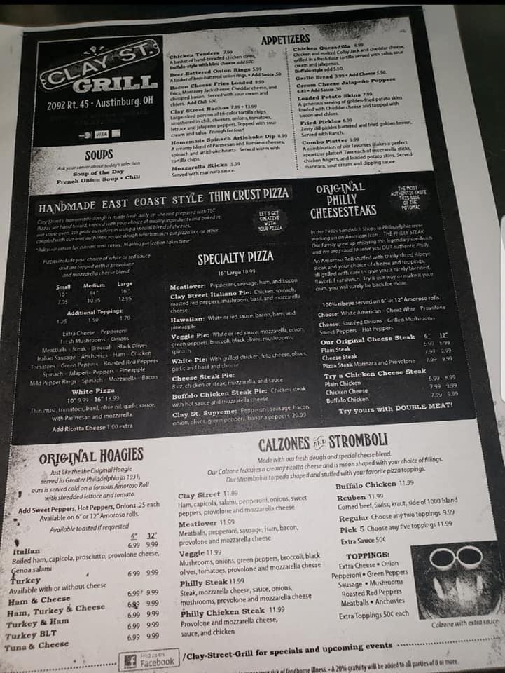 Menu at Clay Street Grill pub & bar, Austinburg