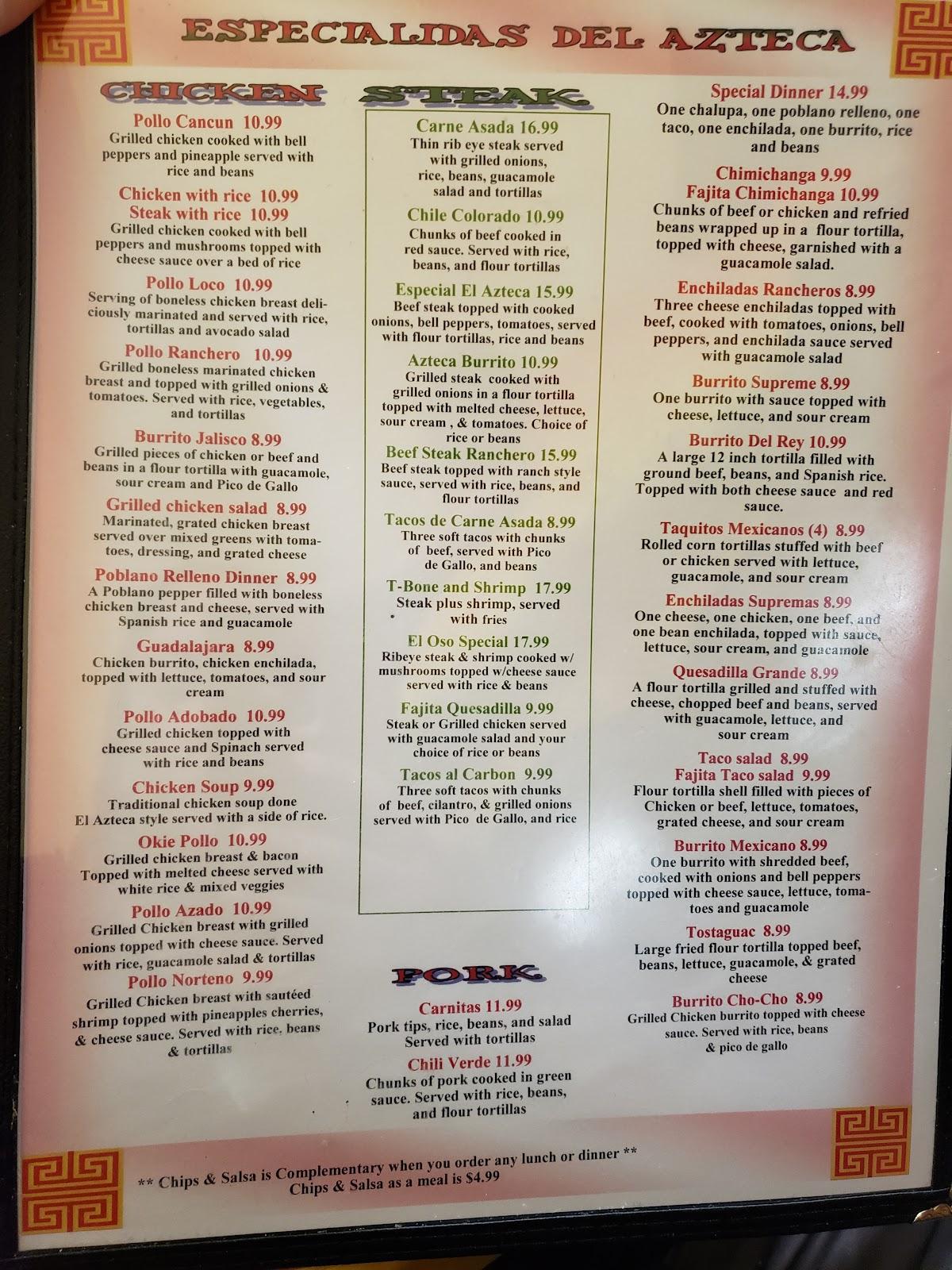 Menu at El Azteca Mexican Restaurant, Claremore, OK66