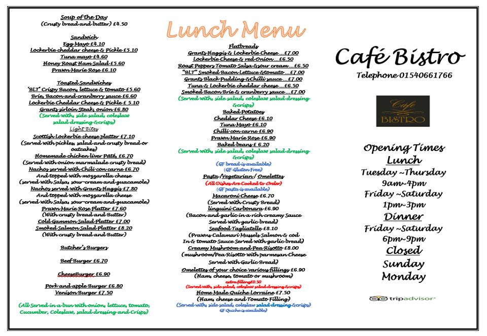 Menu at Cafe Bistro, Kingussie