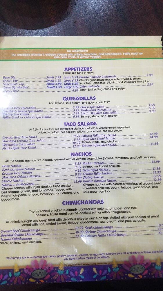 Menu at Burrito Bandido Mexican Grill restaurant, Foley